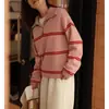 Suéter Rosa de Lana 100% Estilo Retro Coreano con Rayas en Contraste y Cremallera para Mujer Otoño e Invierno W5247