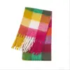 Bufanda de Hilo Circular de Comercio Exterior para Mujer, Bufanda de Invierno Arcoíris a Cuadros de Doble Cara, Bufanda de Mohair con Combinación de Colores, Borla Estilo Ac