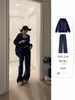 Conjunto deportivo casual azul marino para mujer, pants deportivos, sudadera con capucha, chamarra, un conjunto completo para un look otoñal relajado y despreocupado al estilo coreano