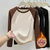 Top interior térmico de doble cara para mujer para otoño e invierno, cálido, con bloques de color, manga larga raglán, con diseño en el dobladillo en negro, gris café, azul y amarillo