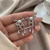 Brincos de Pérola Agulha de Prata com Diamantes, Brincos de Cristal com Franja Super Brilhantes, Brincos de Moda Francesa Retro de Nicho, Brincos