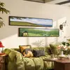 Pintura decorativa para sala de estar de estilo vintage francés con textura, pintura para colgar en la pared de fondo de sofá estilo mediados de siglo, mural combinado de franjas horizontales