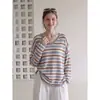 Suéter de punto a rayas con cuello en V y manga larga estilo coreano para mujer, nuevo diseño de otoño e invierno, corte holgado, adecuado para usar en capas o como prenda exterior.
