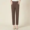 Pantalones de Mamá Finos de Verano Casuales Hielo Seda Bambú Algodón Lino Pantalones de Mujer Mediana Edad y Mayores Elasto Cintura Alta Largo Tobillo Pantalones