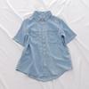 Camisa Jeans Tencel Feminina Fina Verão Design Solto Nicho Que Cobre a Barriga Top Gola Polo Manga Curta Camisa Moderna