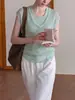 Top de punto hueco de manga corta con cuello en V de estilo simple para mujer, verano, adelgazante, fino, diseño verde, top de dos piezas falso