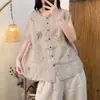 Camisa sin mangas bordada de algodón y lino vintage para mujer, blusa fina casual juvenil de verano con cuello redondo, top de algodón y lino