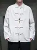 Camisa larga de manga larga de gran tamaño para hombre para primavera y otoño, estilo chino con cuello abotonado, chaqueta tipo traje Tang, corte holgado, color liso, camisa casual de algodón y lino