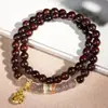 Pulsera Vintage de Doble Círculo con Estrella Dorada y Palo de Rosa, Pulsera de Secuoya para el Año de Nacimiento, Versátil Accesorio de Mano de Nuevo Estilo Chino, Pulsera de Madera DIY