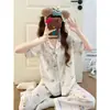 Pijama de Algodón Nube para Mujer, Verano Lindo Conejo de Dibujos Animados Manga Corta Pantalón Largo, Talla Grande Holgado Conjunto de Hogar de Verano