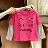Blusa listrada de algodão puro para meninas, um novo estilo primavera/outono, disponível nos tamanhos médio e grande, camiseta de manga comprida para crianças, camiseta de bebê da moda