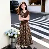 Conjunto Estilo Universitario para Niñas: Conjunto de Verano de Dos Piezas para Niñas Mayores: Top Irregular de Manga Corta con Lazo y Falda Larga a Cuadros
