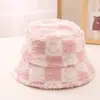 Sombrero de Pescador de Lana de Cordero de Invierno Estilo Coreano para Mujer Cara Sonriente Linda Cuadros Felpa Forro Cálido Versátil