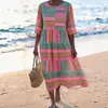 Site Independente Temu Roupas Femininas Europeias e Americanas Elemento Listrado Criativo Manga Três Quartos Vestido Longo Casual Solto Vestido de Manga Média