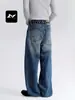 Jeans rectos de estilo retro americano dreamcore azul para hombres y mujeres, lavados, adelgazantes, holgados, versátiles, de pierna ancha, casuales