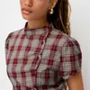 Camisa de Manga Corta con Cuello Alto Estilo Y2K para Mujer, Estilo Retro Americano de Amazon, Cuadros Bloque de Color, Lazo en la Cintura, Cuello Redondo, Adelgazante, Versátil