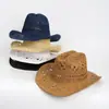 Sombrero de vaquero de paja natural tejido a mano, transpirable, con diseño calado para playa en verano, sombrero de jazz de ala ancha estilo americano europeo y americano