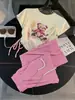 2026 Nuevo Estilo Manga Corta Sencillo Pantalón Ancho Traje Verano Rosa Elegante Casual Longitud Media Moderno Conjunto de Dos Piezas