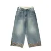 Jeans Reto Tamanho Plus Size Feminino Verão Fino 2026 Novo Verão MM Gordo Emagrecimento Bordado Nove Pontos Calça Wide Leg