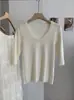 Camiseta de Punto KEKEZOON Suave y Elástica Ajustada Cuello en U Manga Corta 8759