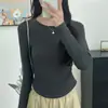 Camisa Base de Algodão Enrugado K2102 para Mulheres, Novo Estilo Outono e Inverno, Corte Slim, Manga Longa, Gola Redonda, Camiseta de Ombro Normal