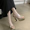 Sandálias de Salto Muito Alto Verão Novo Plataforma Impermeável Modelo Catwalk Strass Transparente Bico Quadrado Peep Toe Salto Grosso