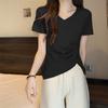 Playera Rosa de Cuello en V de Manga Corta Diseño de Verano para Mujer Nicho Plisado en la Cintura Abertura Irregular Top Pulóver