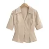 Nova Blusa Feminina Sexy Estilo Americano Primavera 2025 Decote V Manga Meia Elegante Curta Afinando a Cintura