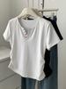 Camiseta Corta Elegante Coreana para Mujer de Manga Corta, Cuello en V Colorido, Cintura Estrecha, Adelgazante, Versátil, Cintura Plisada, Verano Nuevo, Transfronterizo