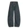 Calça Jeans Punk com Manchas de Tinta Curva Solta de Perna Larga Artesanato Pesado Design Patchwork Desconstruído Calça Longa Curva para Homens