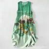 Vestido Casual de Algodão Puro com Estampa Digital Nova, Gola Redonda, Sem Mangas, Comprimento Médio, Para Mulheres, Verão na Praia