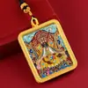 Tangka Semi-Pintado a Mano con Pintura Dorada del Tíbet con los Cinco Budas, Tara Verde, Dios Amarillo de la Riqueza y los Doce Animales del Zodiaco, Collar Colgante Tangka