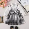 Vestido de Dos Piezas a Cuadros con Tirantes para Bebé Niña y Vestido de Princesa de Manga Larga con Solapa y Lazo Estilo Retro Primavera/Otoño