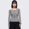 Camiseta de Manga Larga con Hombros Descubiertos Estilo Americano Picante y Personalidad para Mujer, Capa Interior Corta Ajustada para Otoño con una Elegante Camiseta Negra Básica