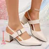 Sandalias de tacón alto para mujer para el verano de 2025, estilo nuevo, punta cerrada, punta fina, sandalias romanas de una sola tira, corte bajo, sandalias de tacón alto de tacón grueso