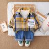Roupa Infantil Conjunto Outono para Meninos 2025 Novo Estilo Bebê Crianças Primavera e Outono Camisa Xadrez Manga Longa Conjunto de Três Peças Tendência Atacado