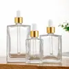Botella cuadrada plana para aceites esenciales de 30 ml, botella de vidrio transparente para aceites esenciales, subbotella para emulsiones cosméticas, botella para aceites esenciales con gotero para aromaterapia