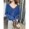 Suéter com decote V para mulheres, blusa de tricô de caimento solto, novo estilo 2026, peça básica para outono e inverno, blusa com decote V baixo
