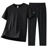 Traje Deportivo Casual de Seda de Hielo para Hombre Verano Conjunto de Dos Piezas para Hombre Pantalones Largos Camiseta de Manga Corta Traje Deportivo para Hombre