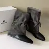 Versão em Couro Macio~Outono/Inverno Novo Retro Bico Fino Cadarço Cano Alto Botas de Tornozelo Moda Feminina Botas Western Aumento Interno de Altura Botas Franzidas