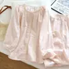 Conjunto de Pijama Cárdigan Floral Pequeño Dulce para Mujer Estilo Perezoso Holgado Adelgazante Ribete de Encaje Manga Larga Pantalón Largo Conjunto de Ropa para el Hogar