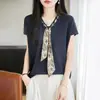 Blusas Femininas de Verão Novo Estilo Tricô Bambu Linho Manga Curta Camiseta Feminina Decote V Lenço de Seda Mangas Vazadas Atacado do Fabricante