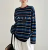 Cardigan de punto de manga larga para mujer, cara grande, lana, seda de morera, tencel, otoño e invierno, color retro, bloques de color, a rayas