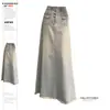 Saia Jeans Rasgada com Franjas Retrô para Mulheres Primavera & Outono Tamanho Grande Design para Pessoas Plus Size Cintura Alta Aparência Emagrecedora Saia Longa Evasê