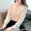 Nova Camisa Feminina Primavera e Outono 2026, Camisa Básica Estilosa e Versátil, Moderna e Emagrecedora, Camisa de Chiffon com Renda que Rejuvenesce