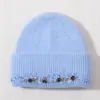 Chapéu de Lã Tricotado com Dupla Aba Listrado Chapéu de Tricô Fofo de Inverno Feminino Lã Macia Touca com Strass