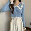 Outono Novo Estilo Francês Único Boneca Gola Vermelha Base Malha Suéter Feminino Ceroso Macio Suéter Curto Pequeno Top Roupas Femininas