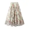 Falda cruzada europea y americana para adelgazar con estampado floral para mujer, nuevo estilo de verano con estampado de malla, falda abullonada línea A tipo pastel, falda larga