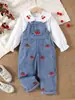 Comercio Exterior Transfronterizo Otoño Nuevo Camisa Blanca de Manga Larga con Estampado de Cerezas Pantalones con Tirantes Ropa Infantil Conjunto de Dos Piezas