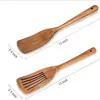 Set de Espátulas de Madera de Acacia Resistentes a Altas Temperaturas Antiadherentes Mango Largo Negro Espátula de Madera Espátula Ranurada Cucharón Utensilios de Cocina